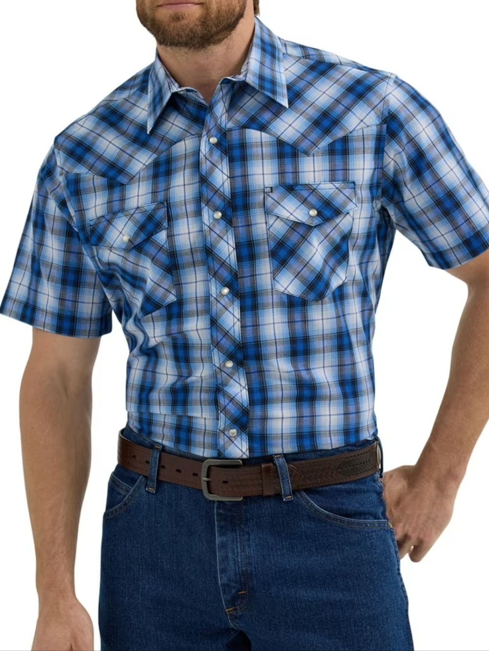 Wrangler Blue Plaid Short Sleeve Western Shirt